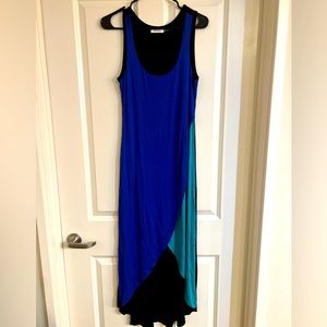 Calvin Klein high-low dress with blue/green/black front and solid black back.